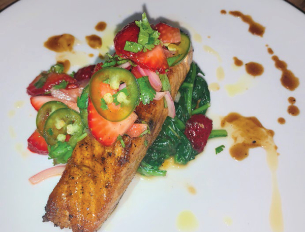 Wolf Trap Honey Balsamic Glaze Seared Salmon With Fresh Seasonal Strawberry Salsa And Garden Spinach